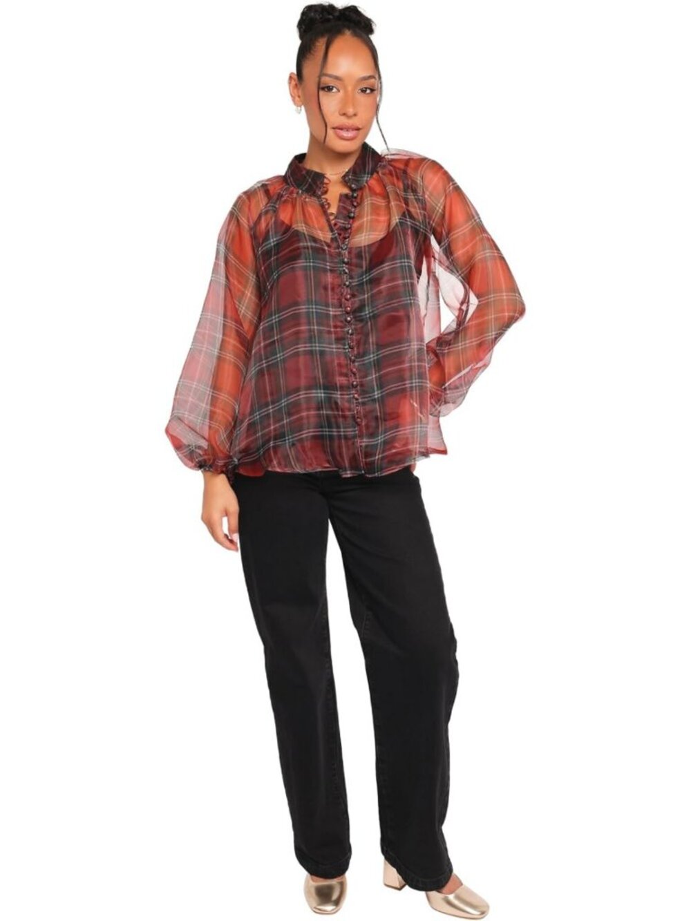 Chic Red Plaid Organza Top - XS, Trendy Layered Style, Perfect for Any Occasion